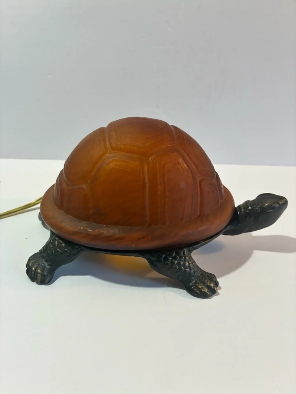 Vintage Amber Glass Turtle Lamp Bronze Tone Cast Metal 8.5